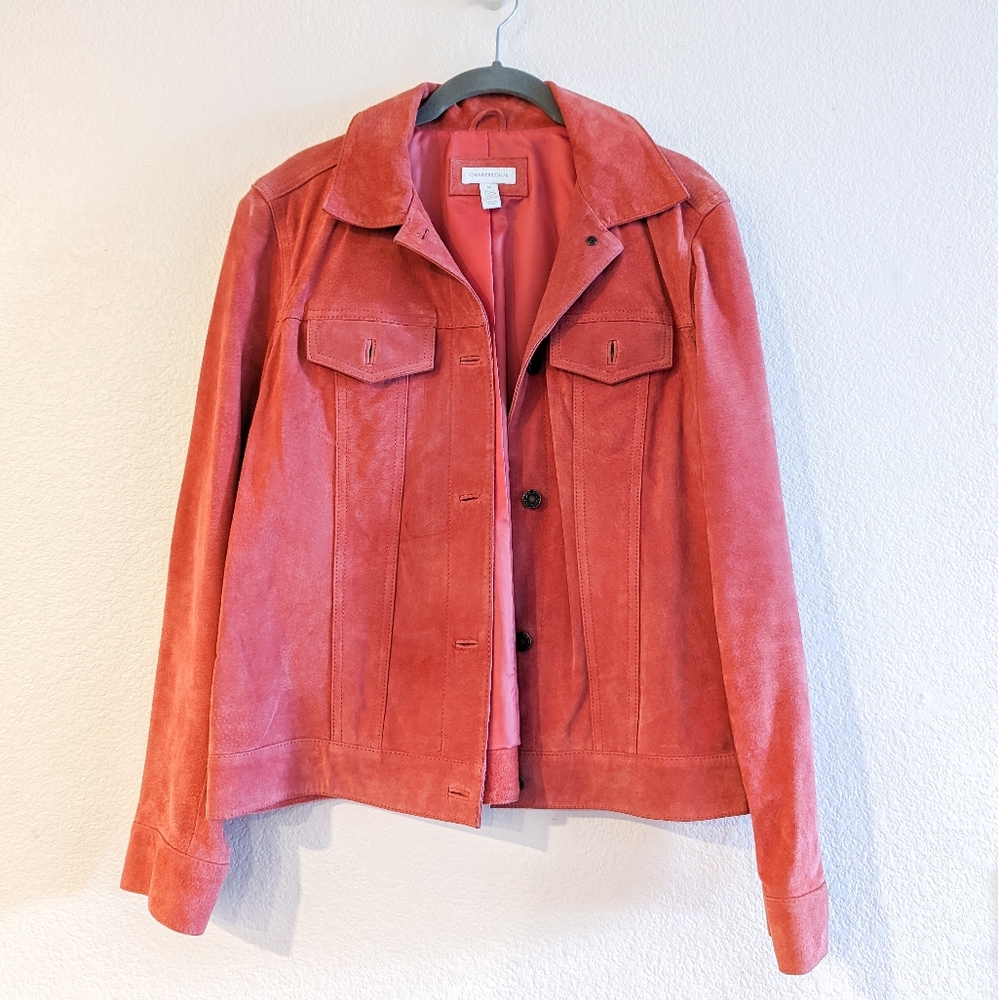 Suede Leather Trucker Jacket - Pink/Coral, Size Medium